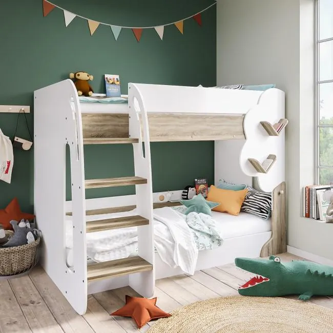 White and Oak Tree Bunk Bed with Shelves - Hadley