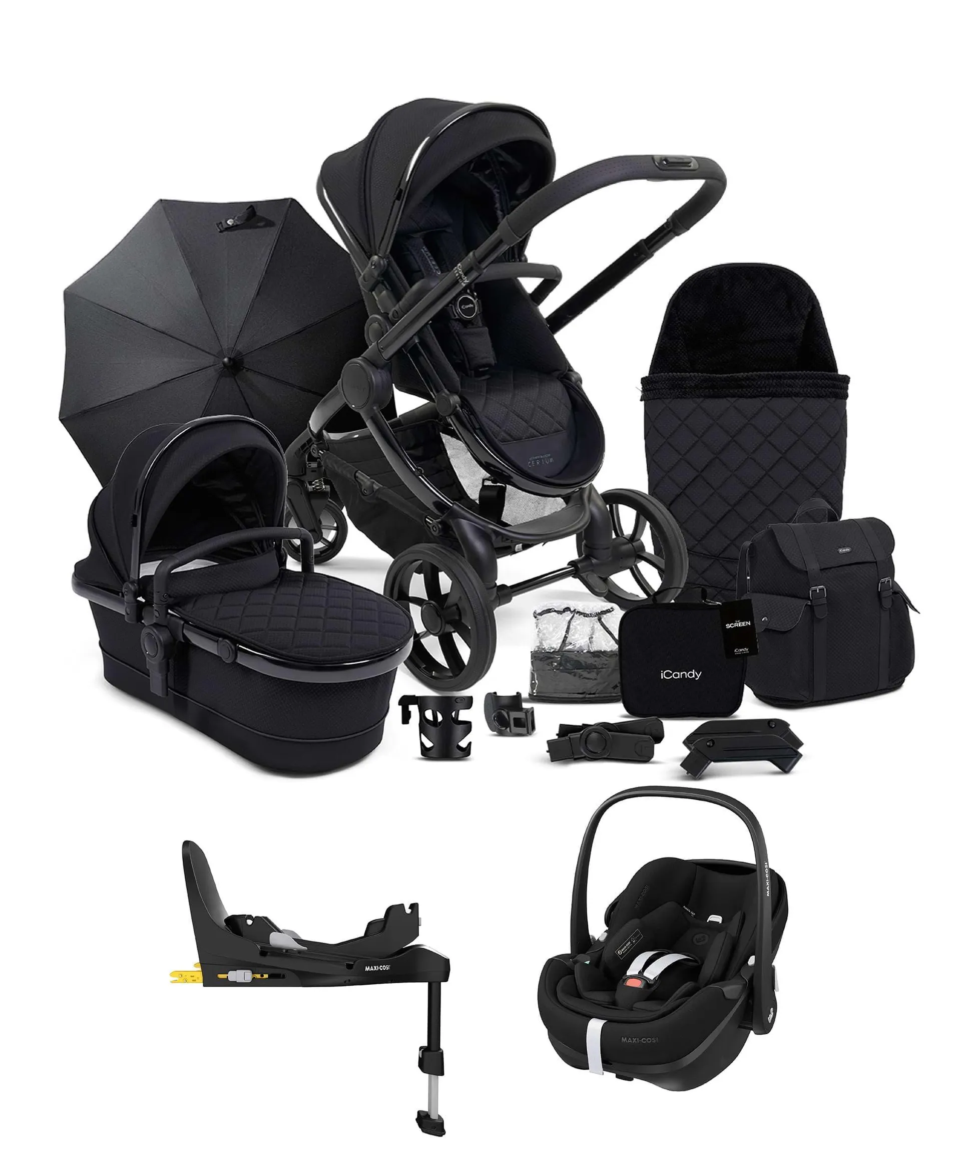 iCandy Cerium Bundle in Black with Maxi-Cosi Pebble 360 Pro Car Seat & FamilyFix 360 Base