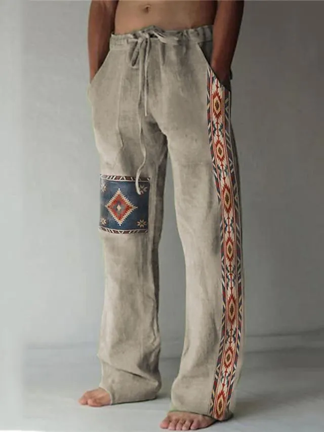 Men's Trousers Summer Pants Beach Pants Drawstring Elastic Waist 3D Print Geometric Pattern Graphic Prints Comfort Casual Daily Holiday Ethnic Style Retro Vintage Yellow Dark Gray