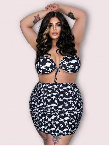 Gothic Ghost Print Halter Ruched Three Piece Bikini Swimsuit - BLACK - 4X | US 26-28