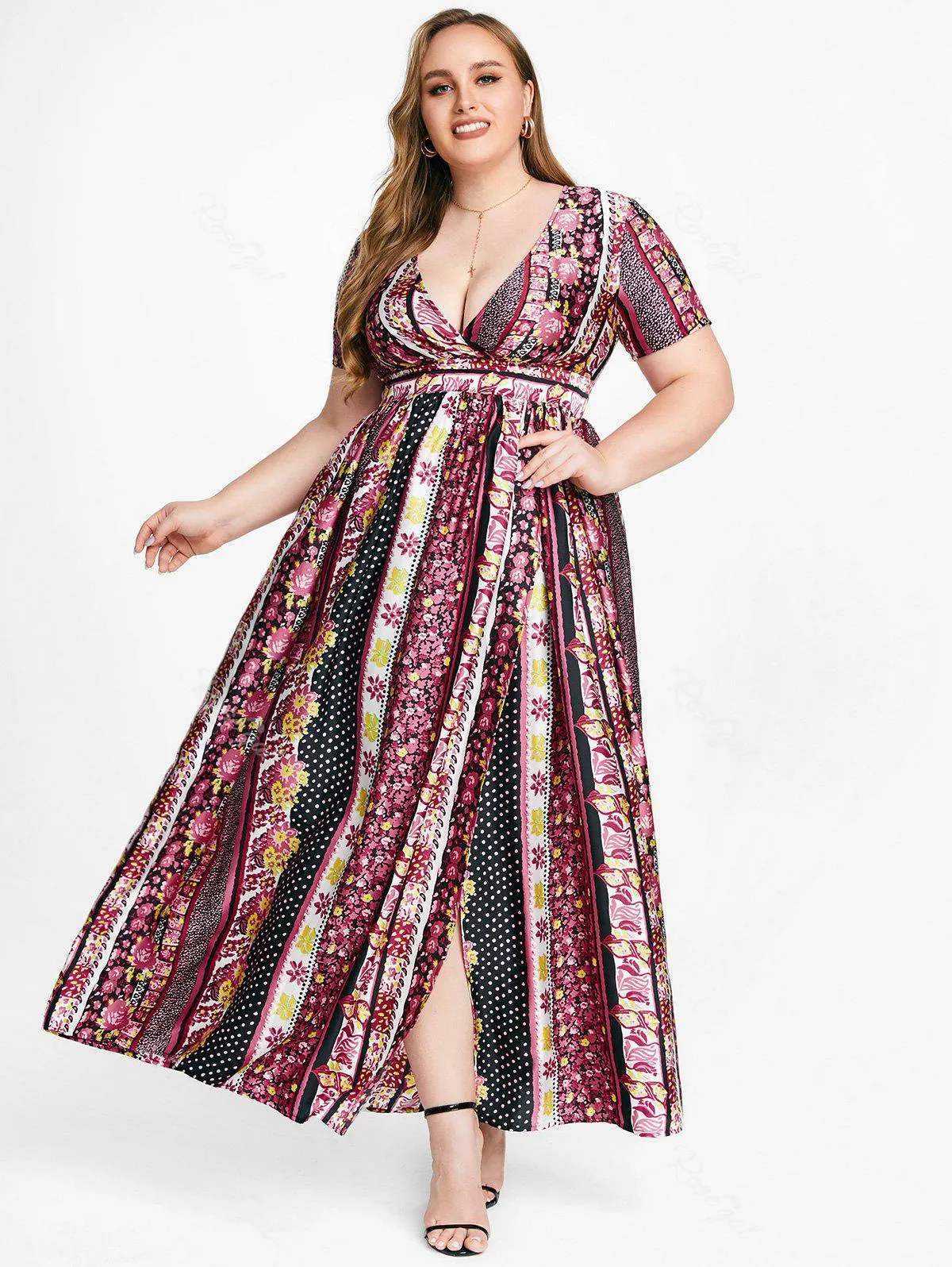 Plus Size & Curve Plunge High Slit Bohemian Print Dress - 1x
