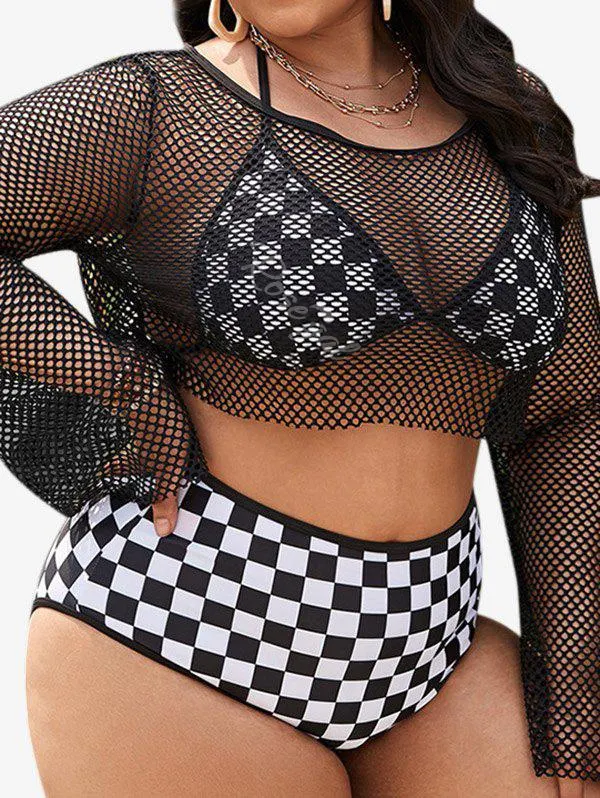 Plus Size Checkerboard Halter Backless Bikini Set and Net Cover-up Three Piece Swimsuit - 2xl