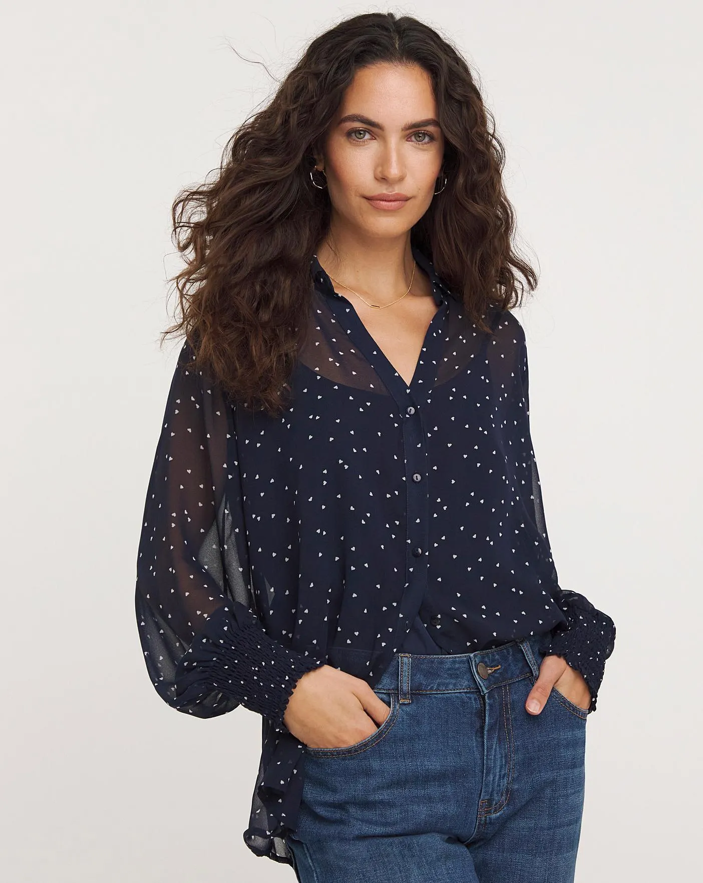 Heart Print Sheer Shirt With Shirring Detail