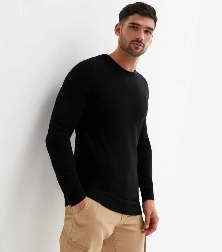 Black Fine Knit Crew Neck Muscle Fit Jumper