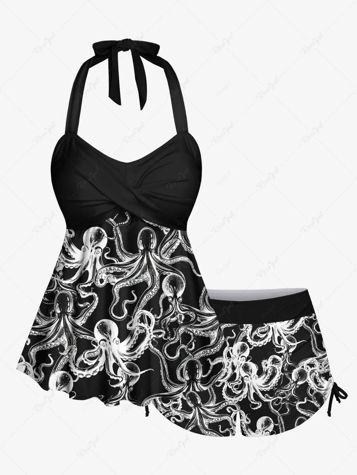 Plus Size X-Ray Octopus Print Twist Halter Backless Cinched Boyshort Tankini Swimsuit - 3x