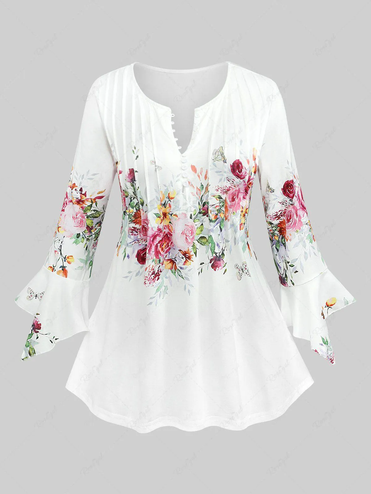 Plus Size Pleated Buttons Flower Butterfly Print Asymmetric Sleeves T-shirt - 5xl