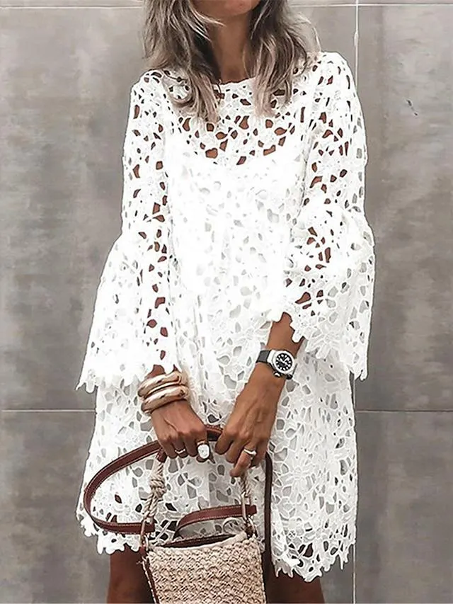 Women's Two Piece Dress Set Casual Dress Lace Dress Outdoor Date Fashion Basic Lace Patchwork Mini Dress Crew Neck 3/4 Length Sleeve Plain Loose Fit Black White Summer S M L XL XXL