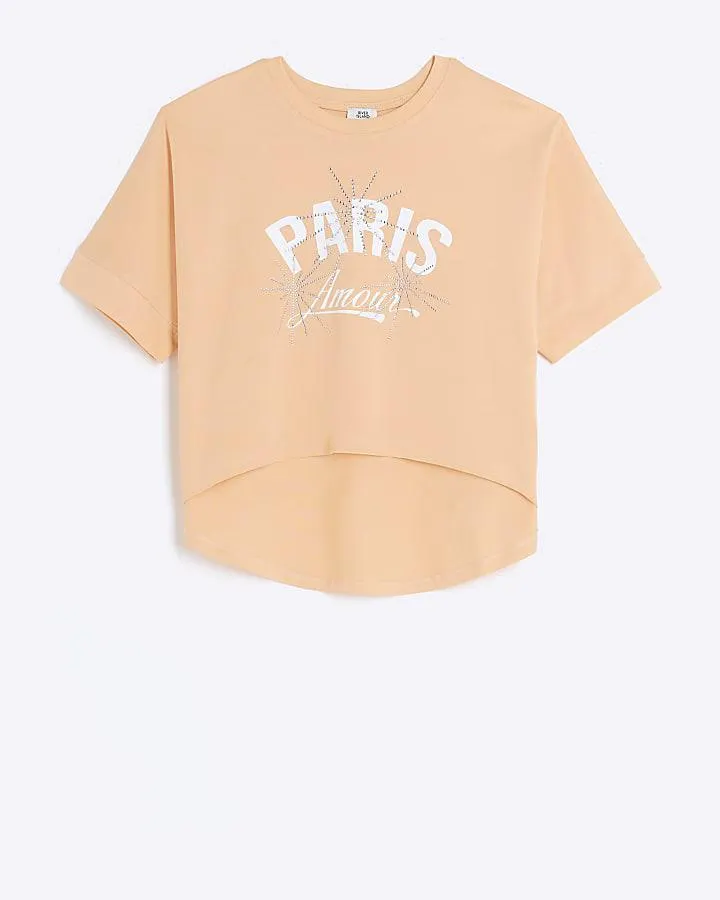 Girls coral embellished graphic t-shirt