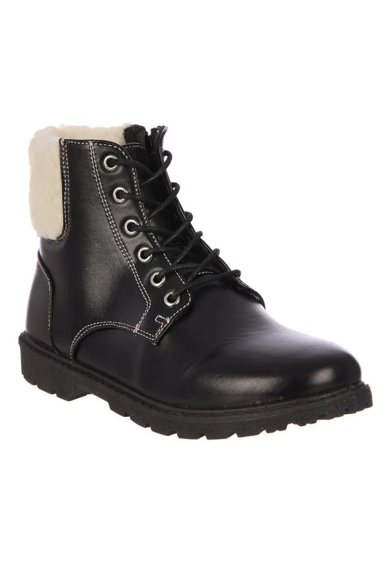 Girls Black Fur Cuffed Hiker Boots