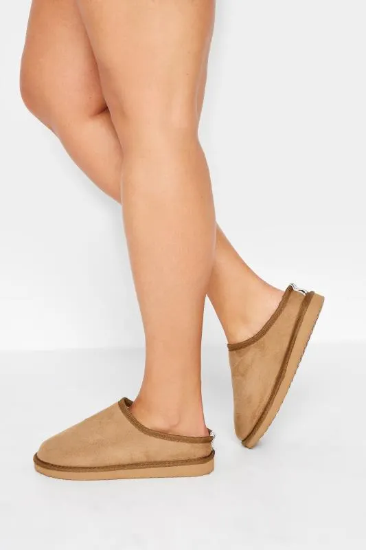 Beige Brown Faux Fur Lined Mule Slippers In Wide E Fit