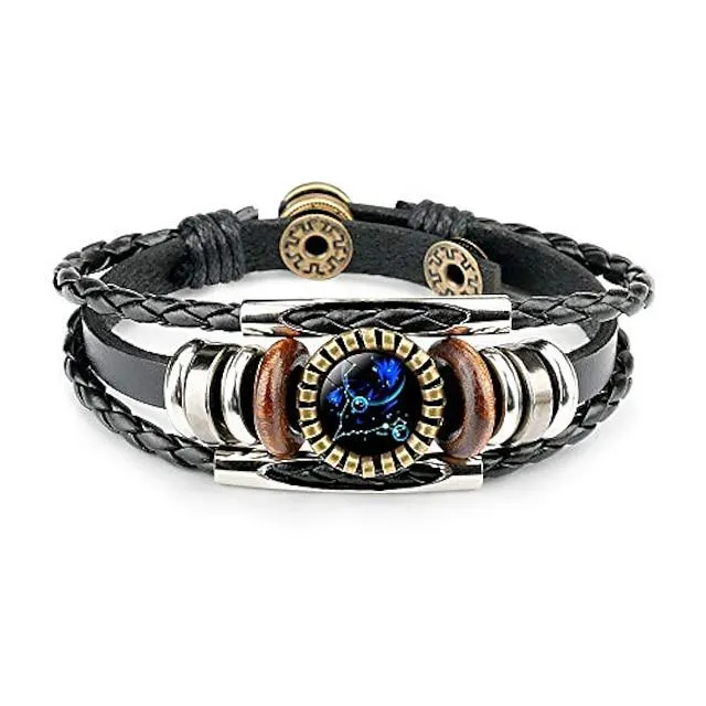 12 zodiac constellation bracelet, leather hand-woven galaxy astrology luminous adjustable snap buckle wristband-retro fashion (best friend's constella