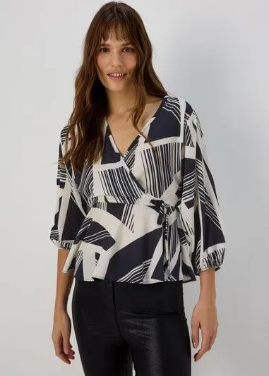 Black Geometric Wrap Blouse - Size 8