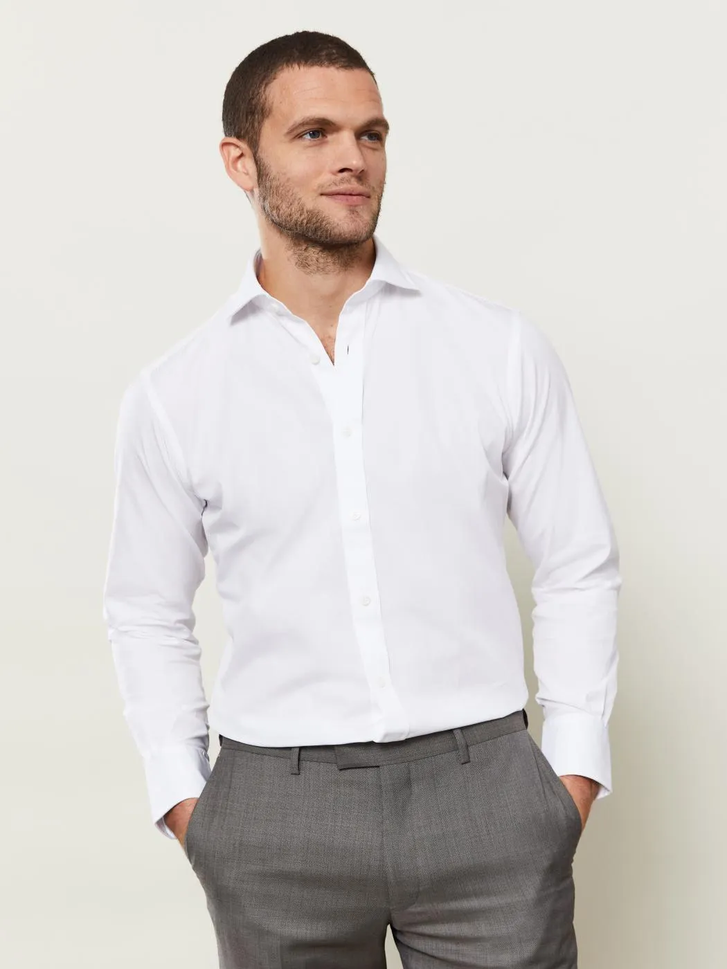 White Poplin Stretch Slim Fit Single Cuff Shirt