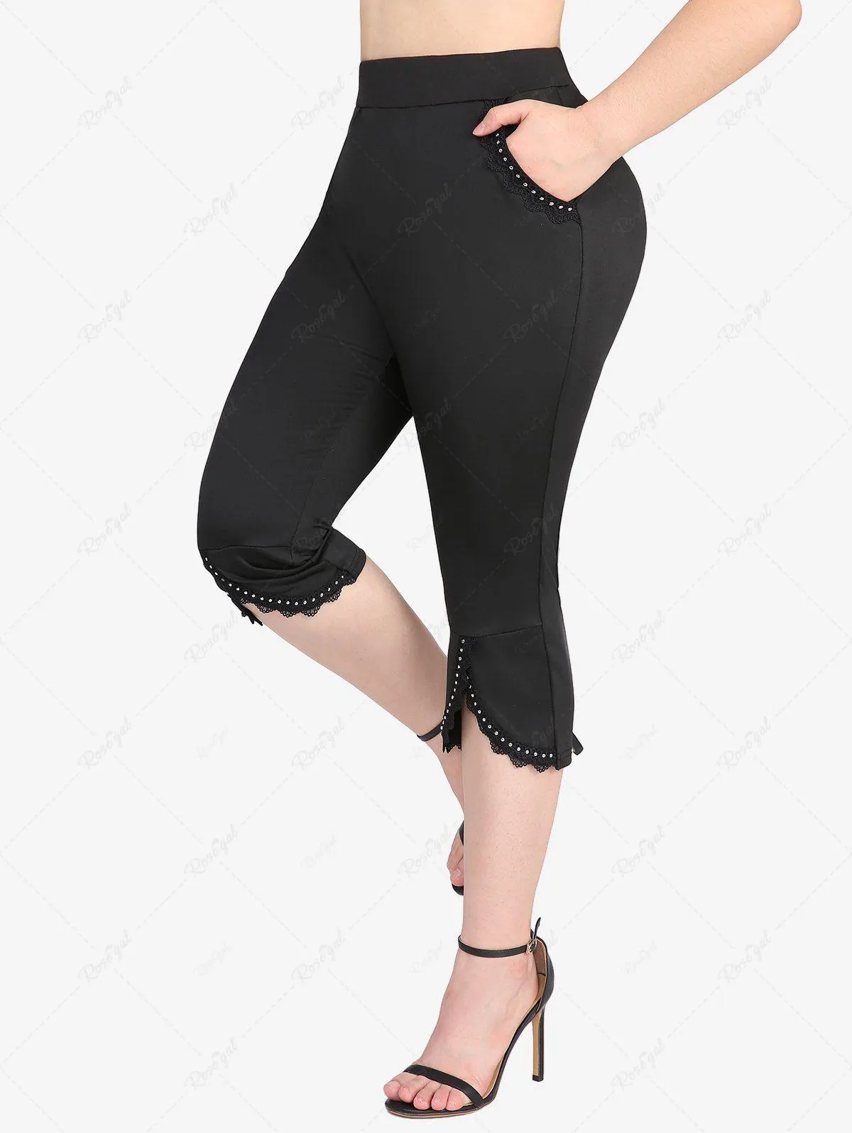 Plus Size Lace Trim Rivet Pockets Tulip Hem Split Capri Leggings - 3x | Us 22-24