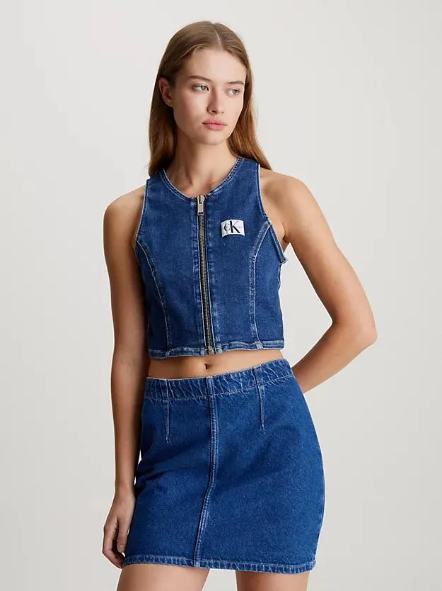 Cropped Denim Zip Up Top