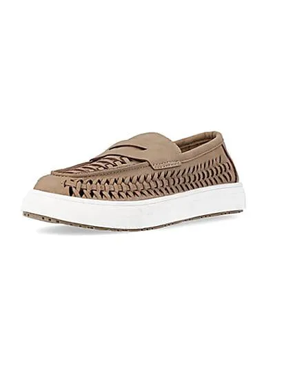 Boys beige weave detail loafers