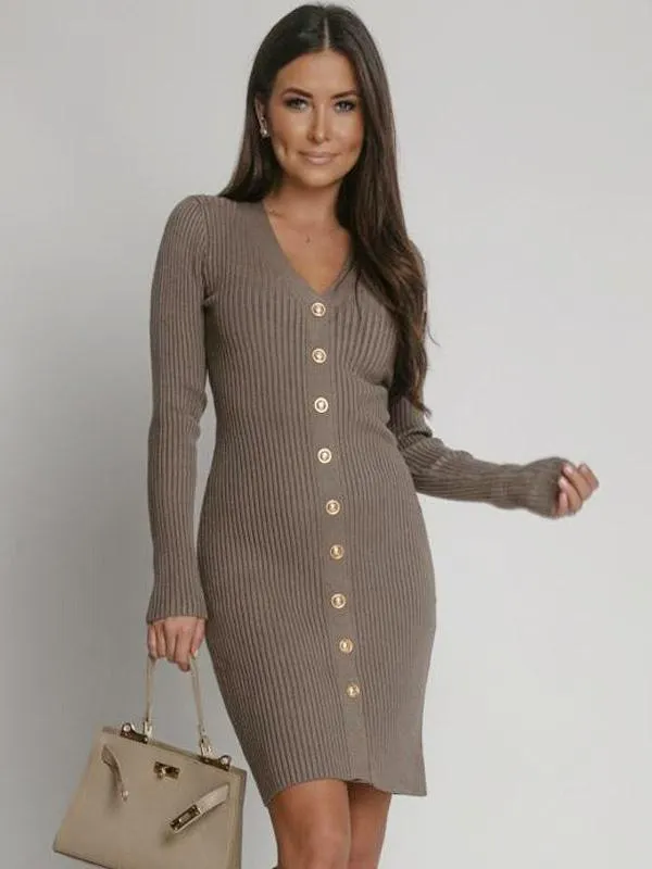 Sweater Dress V-Neck Long Sleeves Front Buttons Pencil Dress In Solid Color
