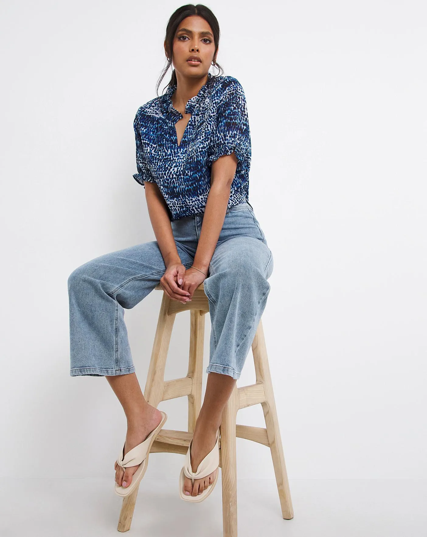 Blue Print Short Sleeve Shirred V-Neck Top