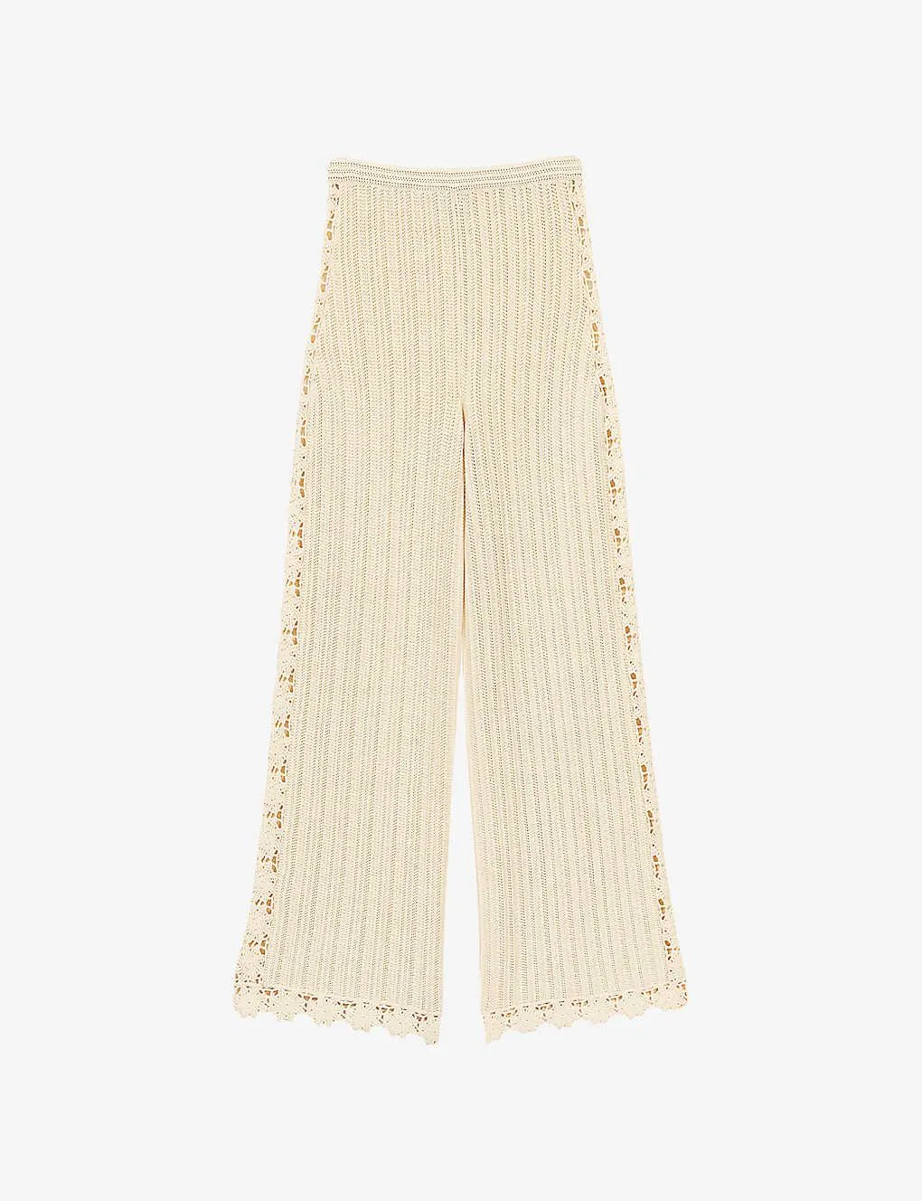 Elasticated-waistband wide-leg high-rise crochet trousers