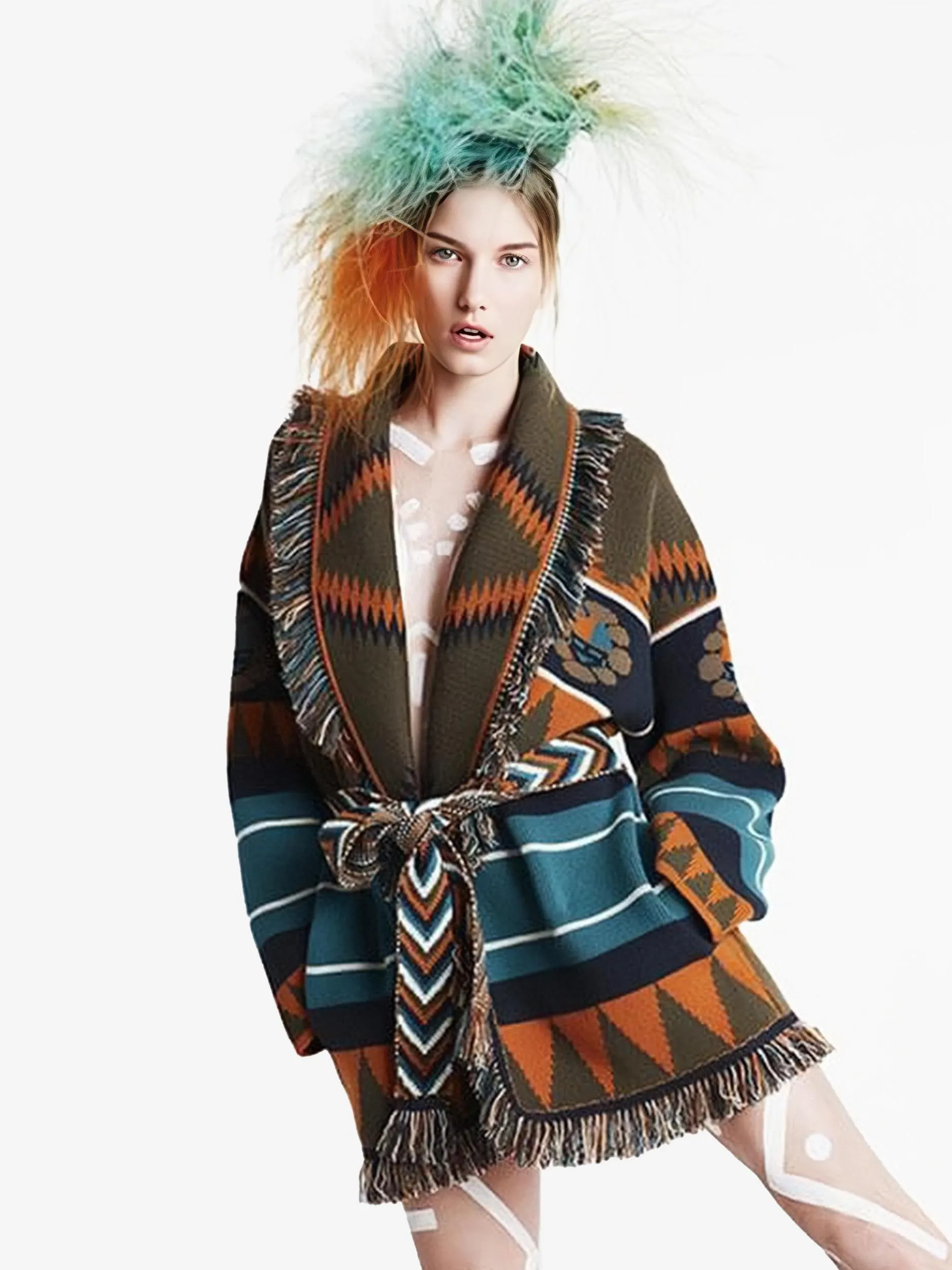 Jacquard Cardigans Tassel Trim Belted Triangle Wool Blend Boho Sweater