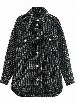 Black Plaid Beaded Detail Long Sleeve Coat