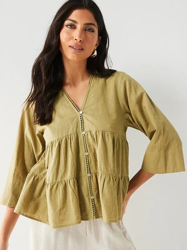 3/4 Button Through Linen Tiered Blouse