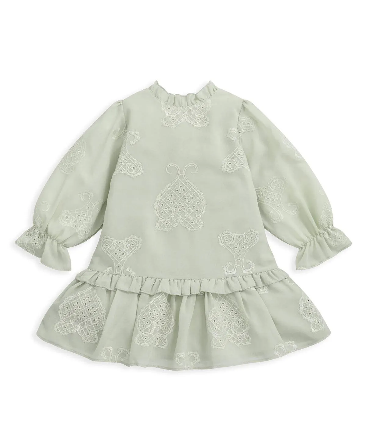 Dropped Waist Embroidered Dress - Green