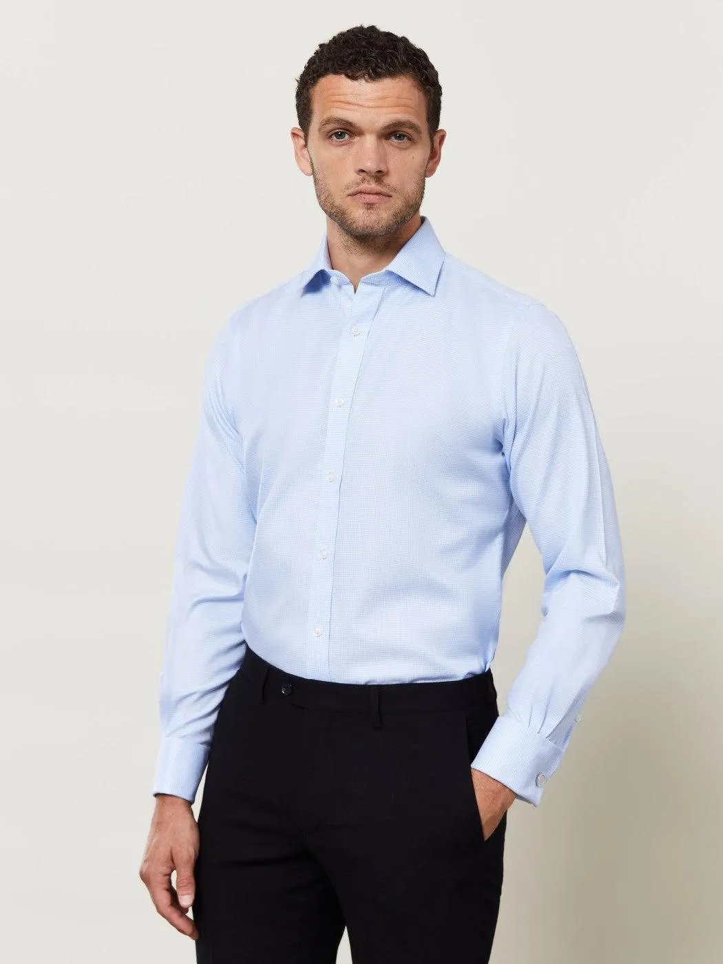 Non-Iron Light Blue Mini Dogtooth Plain Weave Regular Fit Double Cuff Classic Collar Shirt