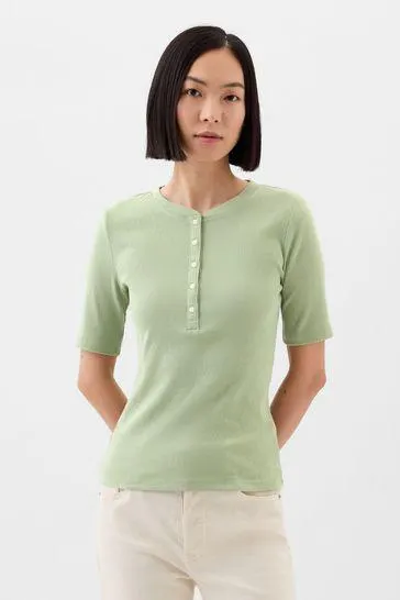Ribbed Henley Quarter Sleeve Crew Neck T-Shirt