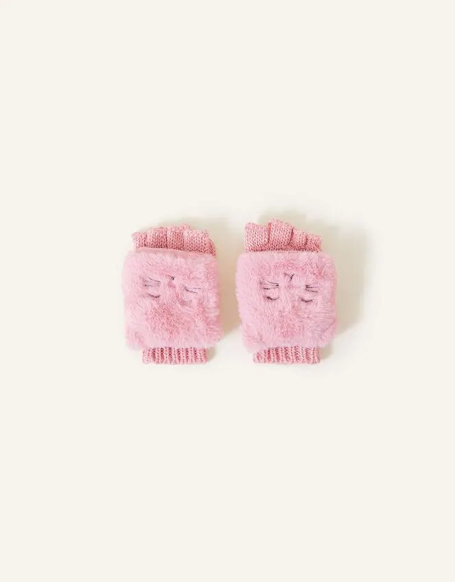 Fluffy Faux Fur Cat Capped Gloves Pink