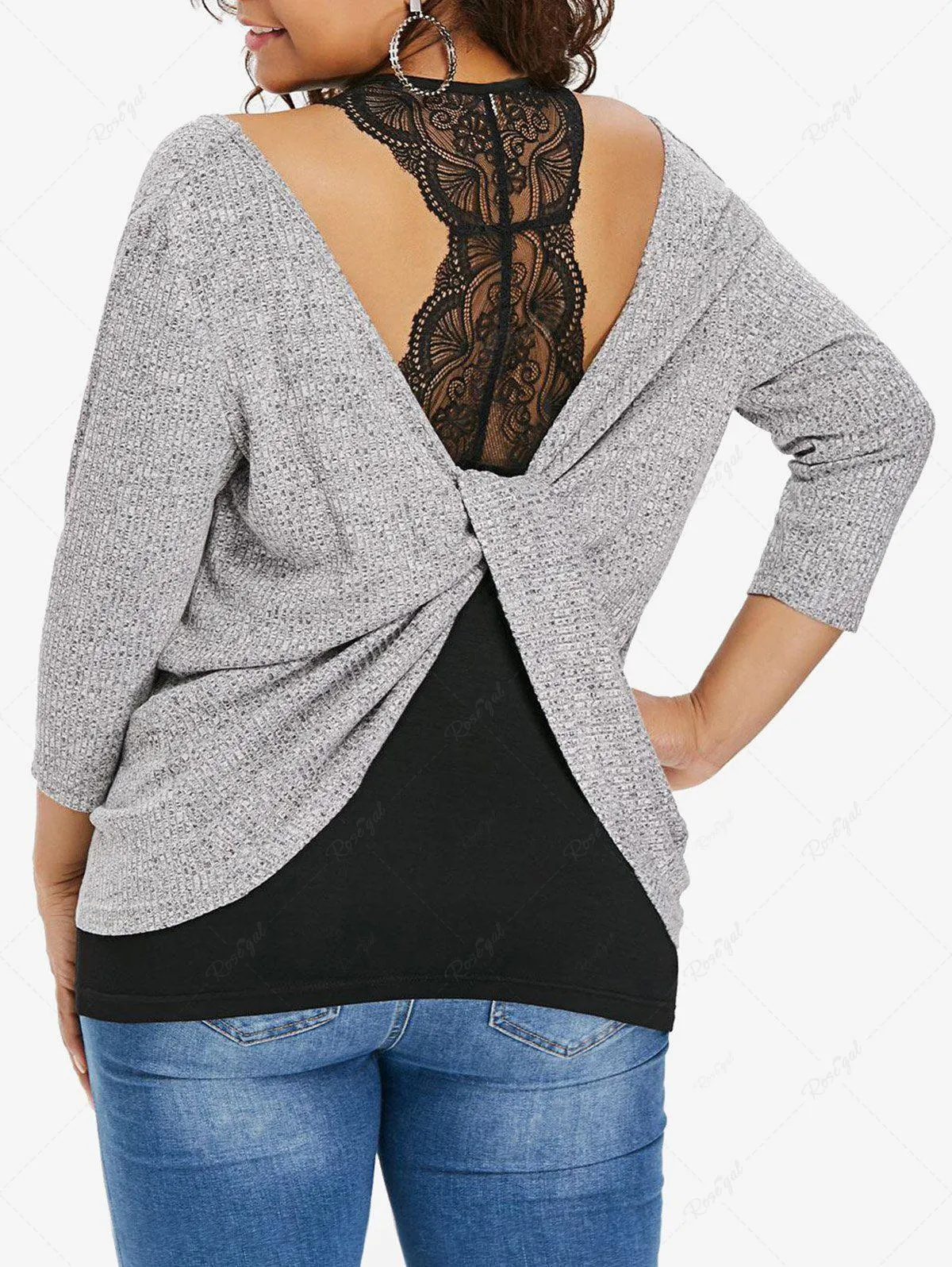 Plus Size Floral Lace Tank Top and Marled Textured Twisted T-shirt - 1x | Us 14-16