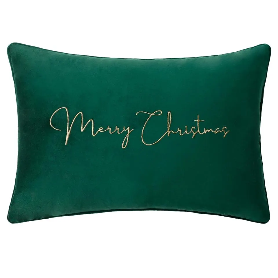 Emerald Velvet Embroidered Merry Christmas Cushion - 40x60cm