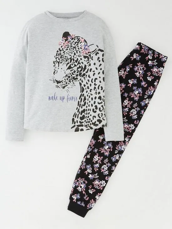 Girls Leopard Floral Pyjamas