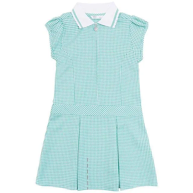 M&S Girls Gingham Pleated School Dress, 4-10 Years, Green