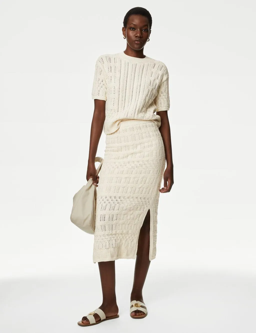 Cotton Rich Textured Knitted Midi Skirt