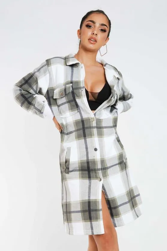 Khaki Longline Checked Shirt Jacket Shacket