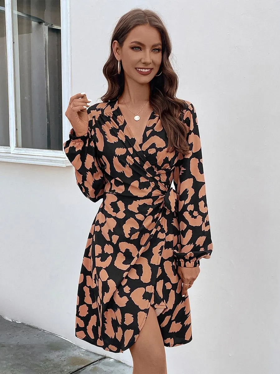 Midi Dress Coffee Brown V-Neck Printed Casual Dress For Women