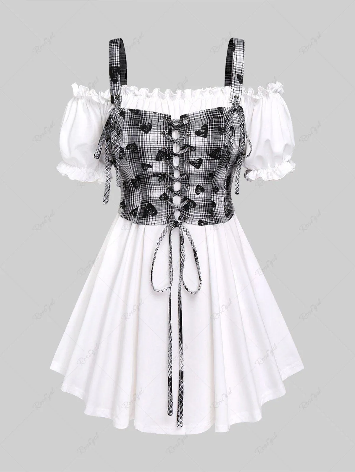 Plus Size Plaid Heart Print Lace Up Top and Off The Shoulder Ruffles T-Shirt - 2x | Us 18-20
