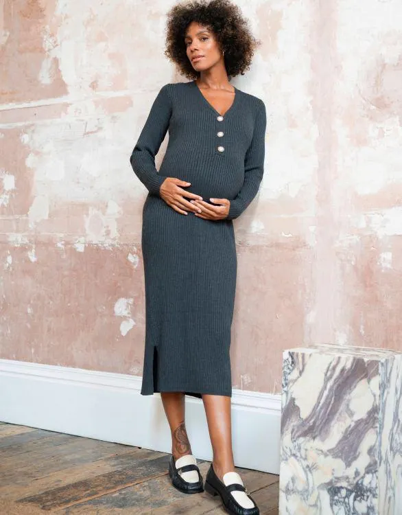 Charcoal Ribbed Knit Midi Maternity Dress