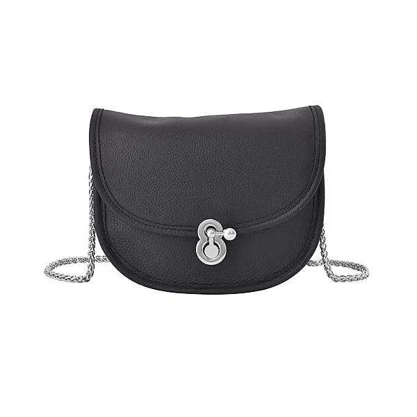 Designer Inspired 100% Genuine Leather Solid Crossbody Bag with Half Chain Strap - Black