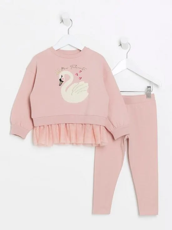 Mini Girls Swan Tulle Sweatshirt Set - Pink
