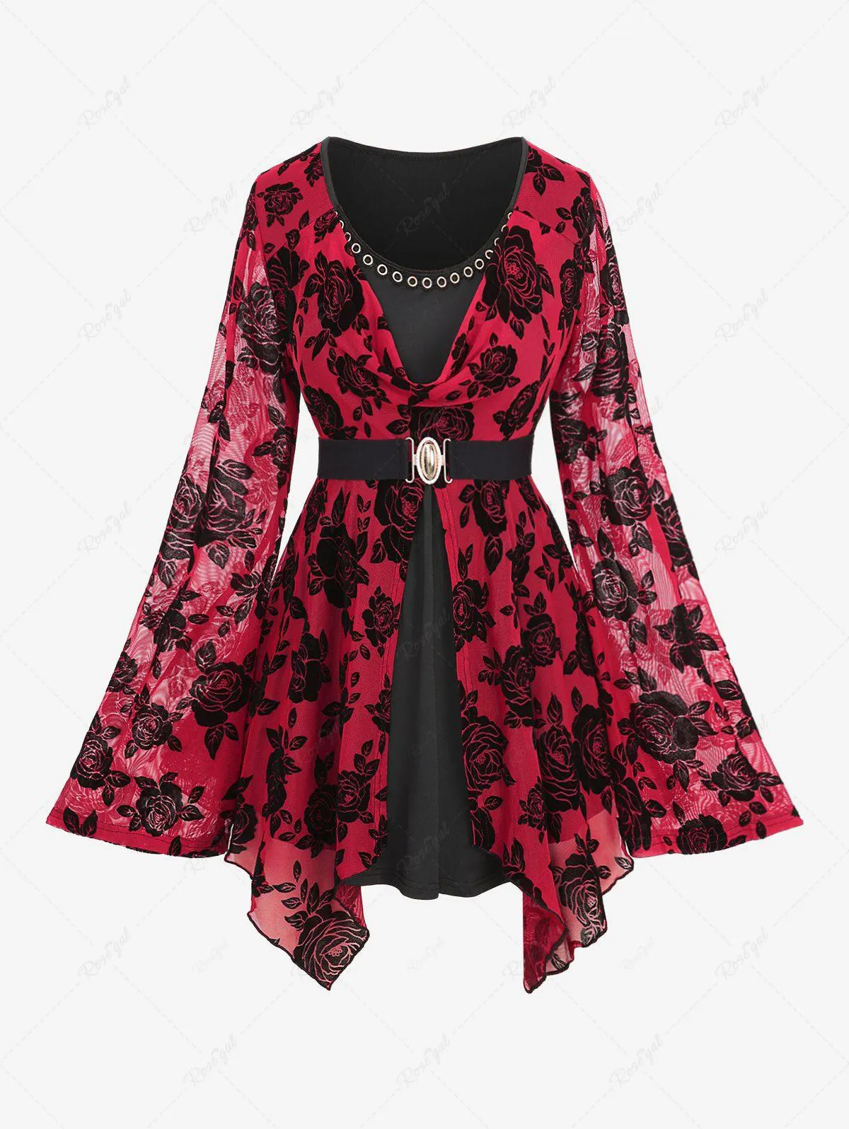 Plus Size Cowl Neck Rose Flower Mesh Flocking Layered Ruched Grommet Belted 2 in 1 Bell Sleeve Top - 2x | Us 18-20