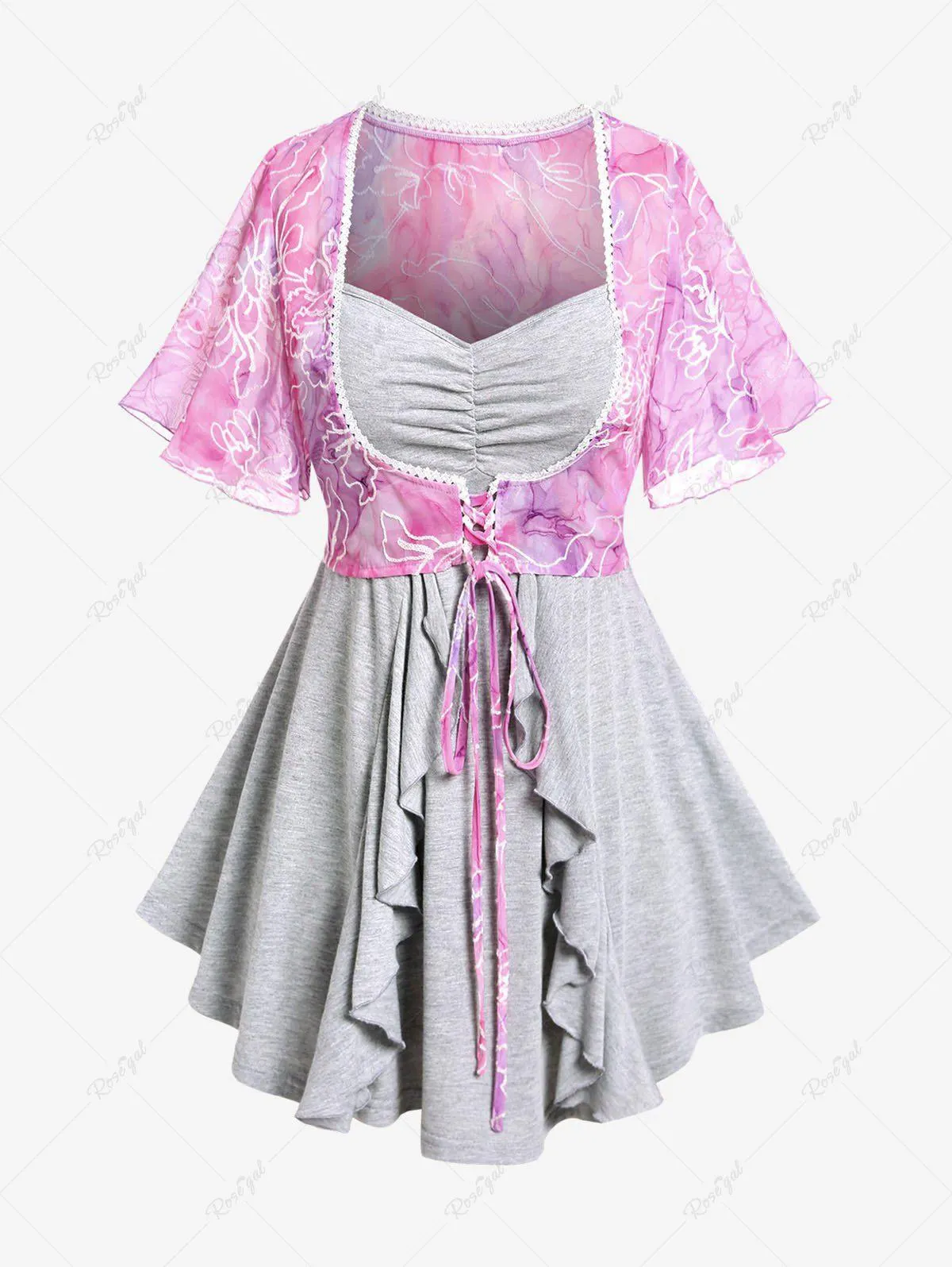 Plus Size Ruched Lettuce Trim Cami Top and Floral Lace Up Blouse Set - 2x | Us 18-20