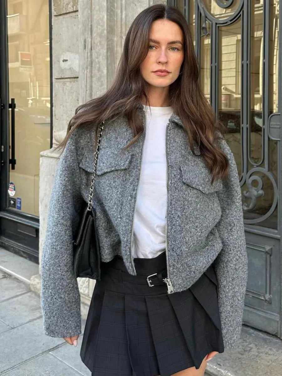 Classic Jacket Drop Shoulder Zip Up Pockets Women's Top For Spring Fall