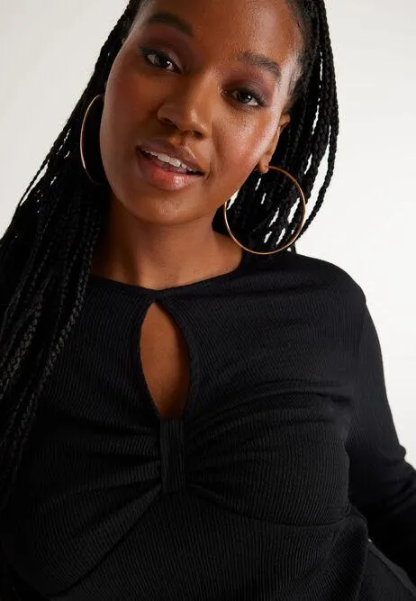 Womens Black Keyhole Front Long Sleeve Top