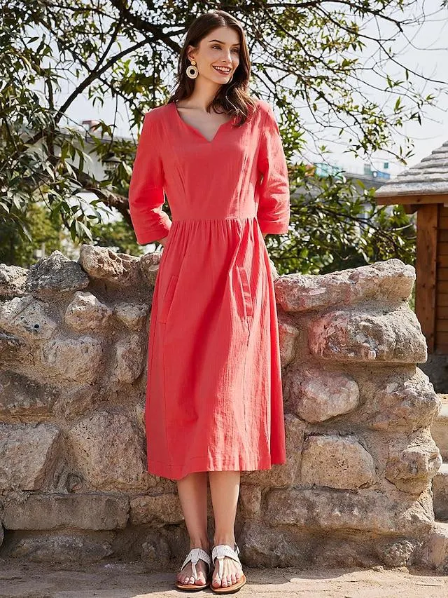 45% Linen Women's Cotton Linen Basic Casual Daily Vacation Weekend V Neck Ruched 3/4 Length Sleeve High-end Series Midi Dress