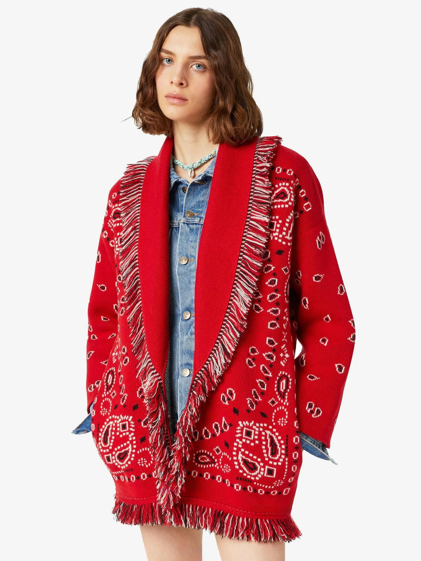 Jacquard Cardigans Paisley Inspired Tassel Trim Belted Wool Blend Boho Sweater