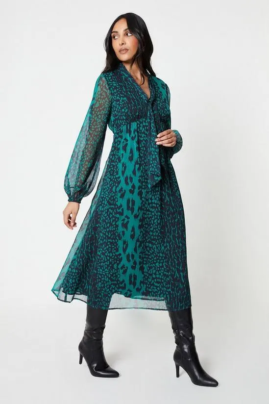 Petite Green Animal Tie Neck Midi Dress