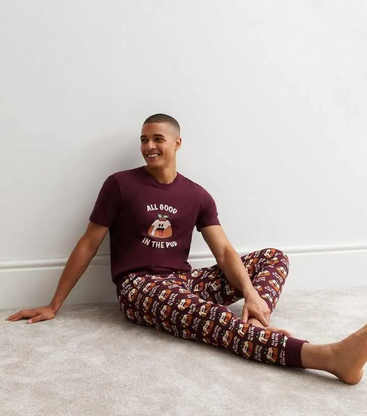 Burgundy Cotton Cuffed Jogger Pyjama Set with Christmas Pudding Print