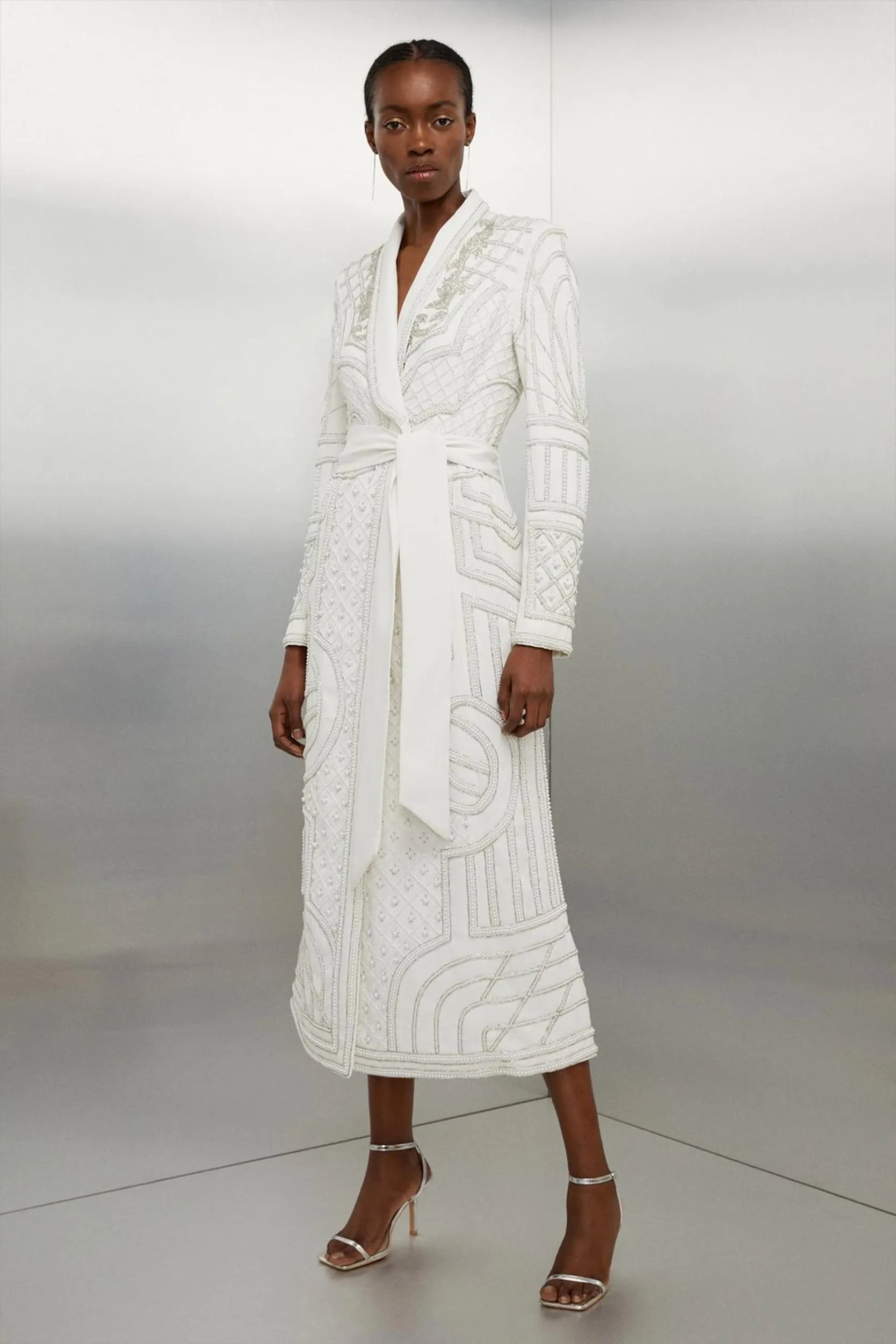 Crystal Embellished Woven Maxi Blazer Dress